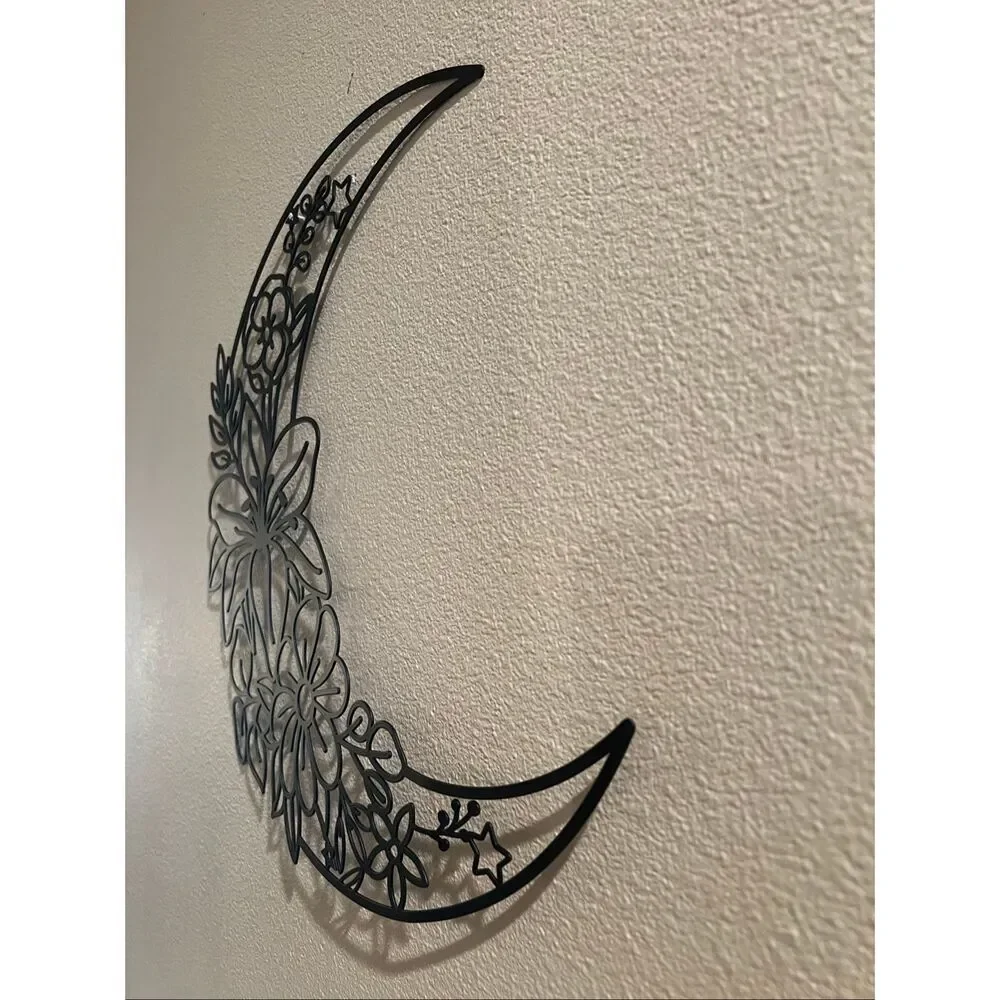 Black Metal Crescent Moon Stars Floral Lily Wall Decoration